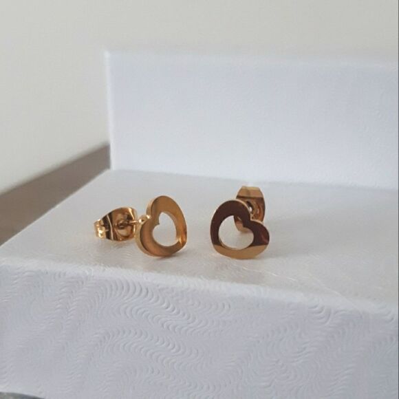 Gold Small Dainty Heart Hollow Cut Out Stud Stainless Steel Earrings - Picture 2 of 7